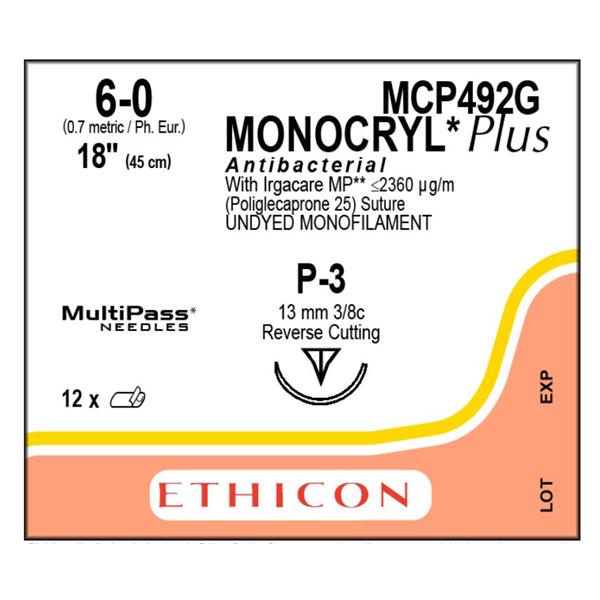 Ethicon Inc,a J & J Company Suture 6-0 Tcs/Pcl25 P-3 Monocryl Plus Undyed 18" Monofilament 12/Bx - MCP492G