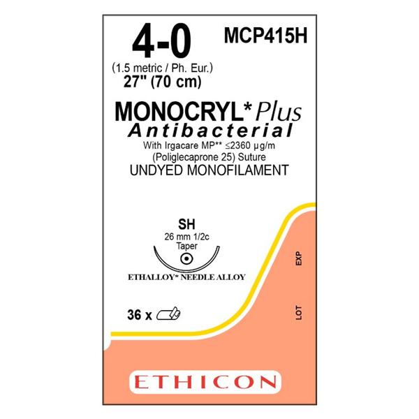 Ethicon Inc,a J & J Company Suture 4-0 Tcs/Pcl25 Sh Monocryl Plus Undyed 27" Monofilament 36/Bx - MCP415H