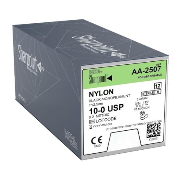 Look/Div Surgical Specialties Suture 10-0 Nylon Drm4 Sharpoint Black 1" Monofilament 12/Bx - AA-2507