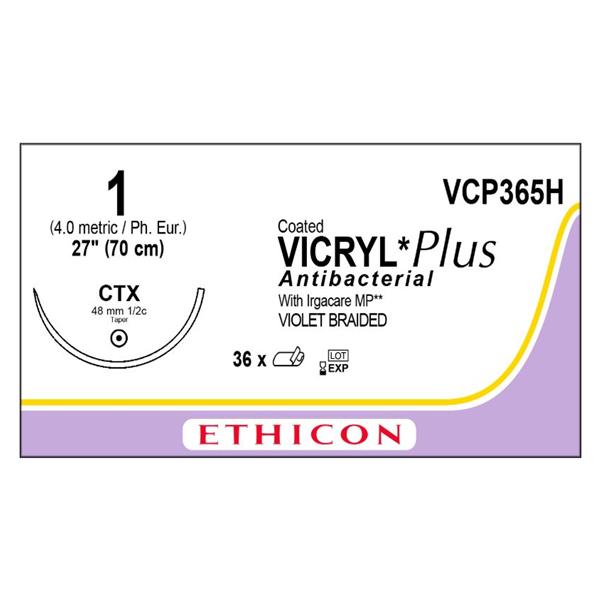Ethicon Inc,a J & J Company Suture 1 Triclosan/Polyglactin 910 Ctx Coated Vicryl Plus Violet 27" Braid 36/Bx - VCP365H