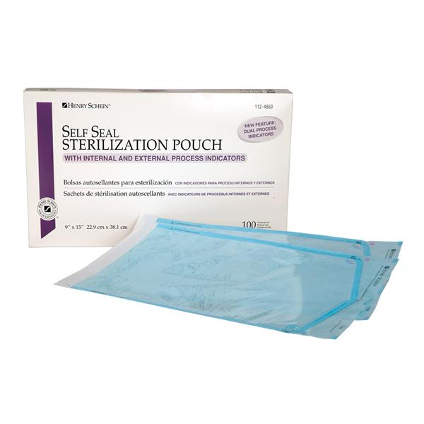 Henry Schein Pouch Sterilization Selfseal 9 In X 15 In Blue / White Latex Free 100/Bx, 4 Bx/Ca - 1124860
