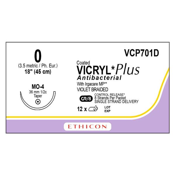 Ethicon Inc,a J & J Company Suture 0 Tcs/Pg910 Mo-4 Coated Vicryl Plus Violet 18" Braid 12/Bx - VCP701D