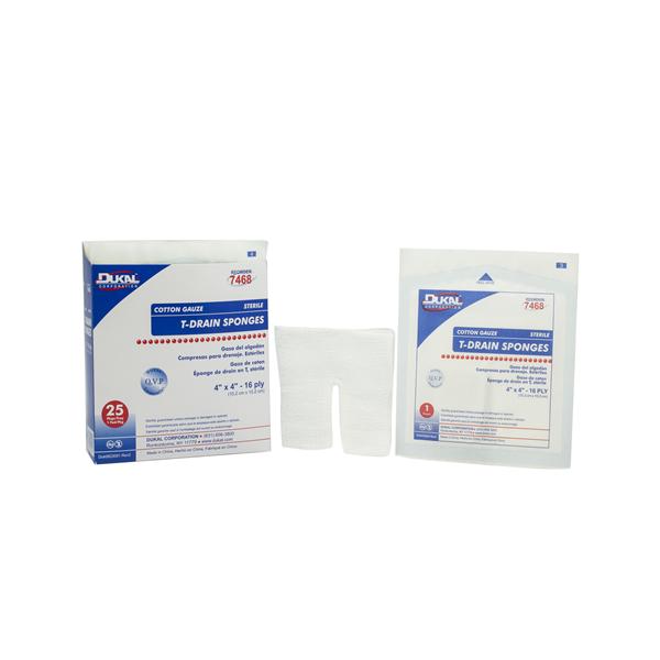 Dukal Corporation Sponge T-Drain Rayon/Polyester Blend 4X4" 16 Ply Pre-Cut Nwvn Strl Lf 300/Case - 7468