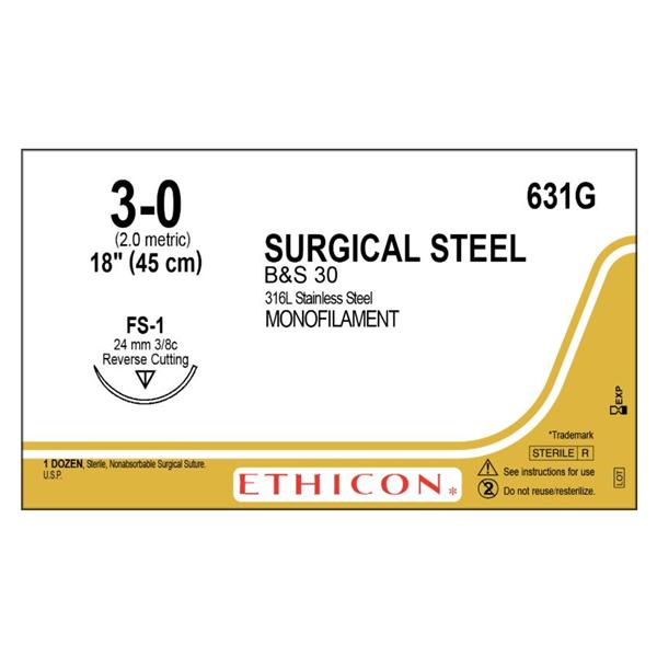 Ethicon Inc,a J & J Company Suture 3-0 Stainless Steel Fs-1 Steel Silver 18" Monofilament 12/Bx - 631G
