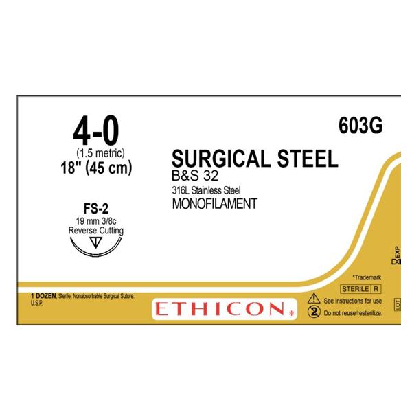 Ethicon Inc,a J & J Company Suture 4-0 Stainless Steel Fs-2 Steel Silver 18" Monofilament 12/Bx - 603G