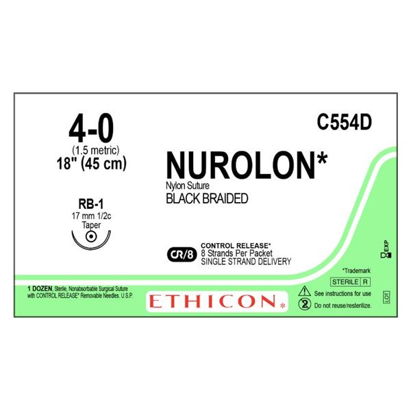 Ethicon Inc,a J & J Company Suture 4-0 Nylon Rb-1 Nurolon Black 18" Braid 12/Bx - C554D