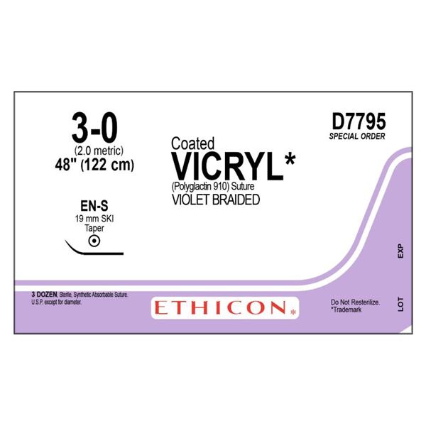 Ethicon Inc,a J & J Company Suture 3-0 Polyglactin 910 En-S Coated Vicryl Violet 1X48" Braid 36/Bx - D7795