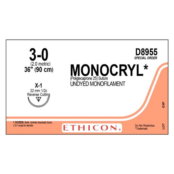 Ethicon Inc,a J & J Company Suture 3-0 Poliglecaprone 25 X-1 Monocryl Undyed 36" Monofilament 12/Bx - D8955