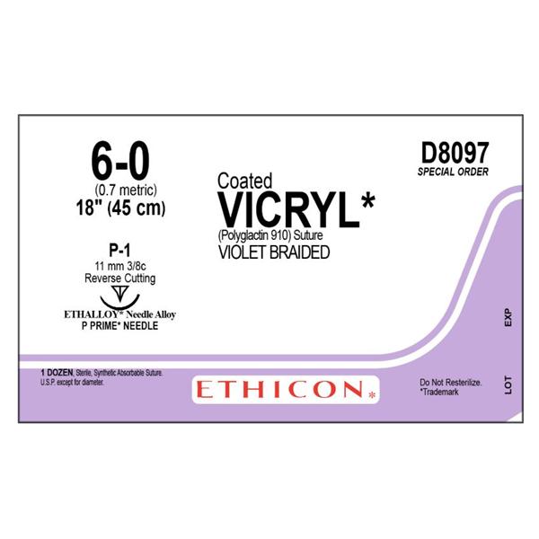 Ethicon Inc,a J & J Company Suture 6-0 Polyglactin 910 P-1 Coated Vicryl Violet 18" Braid 12/Bx - D8097