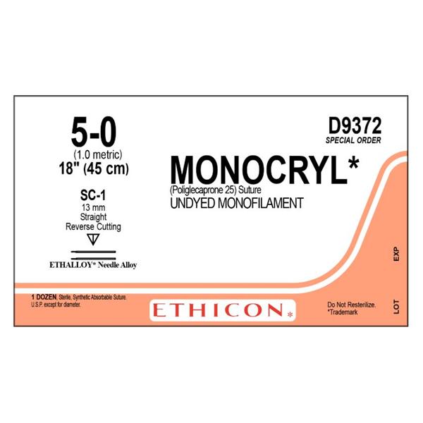 Ethicon Inc,a J & J Company Suture 5-0 Poliglecaprone 25 Sc-1 Monocryl Undyed 18" Monofilament 12/Bx - D9372