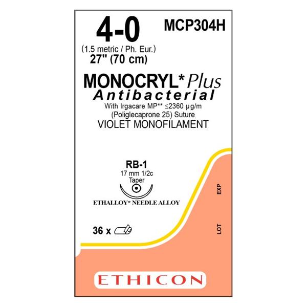 Ethicon Inc,a J & J Company Suture 4-0 Tcs/Pcl25 Rb-1 Monocryl Plus Violet 27" Monofilament 36/Bx - MCP304H