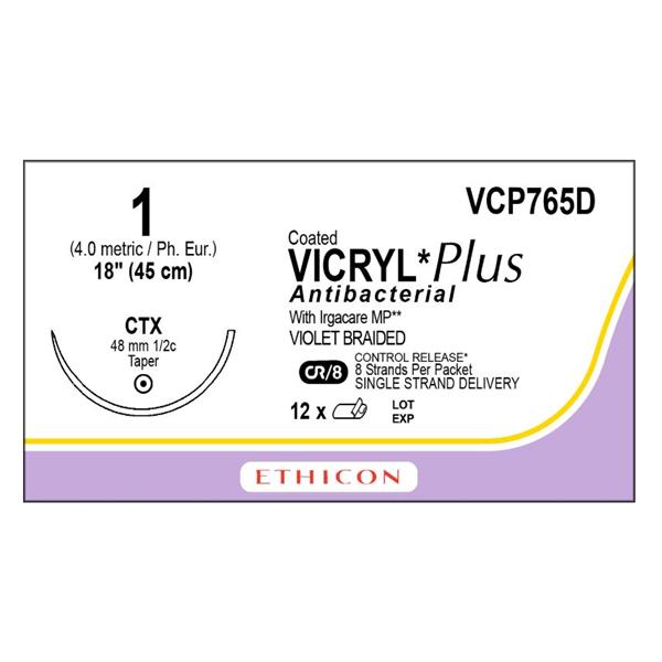 Ethicon Inc,a J & J Company Suture 1 Triclosan/Polyglactin 910 Ctx Coated Vicryl Plus Violet 18" Braid 12/Bx - VCP765D