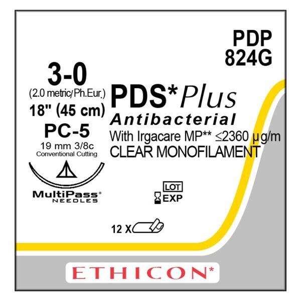 Ethicon Inc,a J & J Company Suture 3-0 Triclosan, Polydioxanone Pc-5 Pds Plus Undyed 18" Monofilament 12/Bx - PDP824G