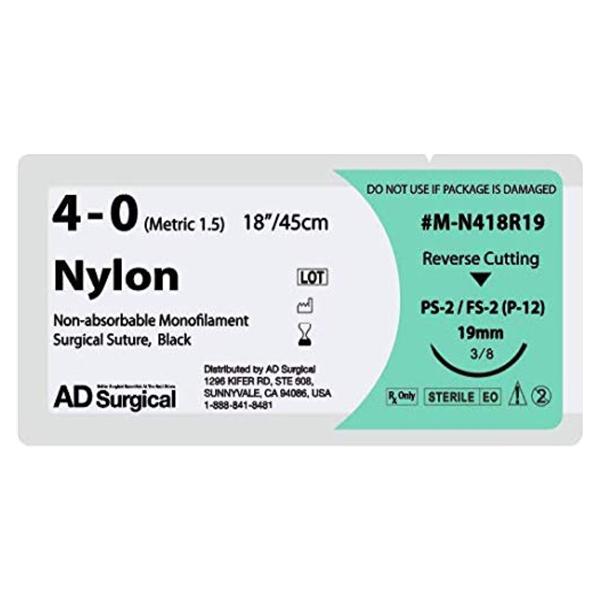 AD Surgical Suture 4-0 Nylon Fs-2 Unify Black 18" Monofilament 12/Bx - M-N418R19