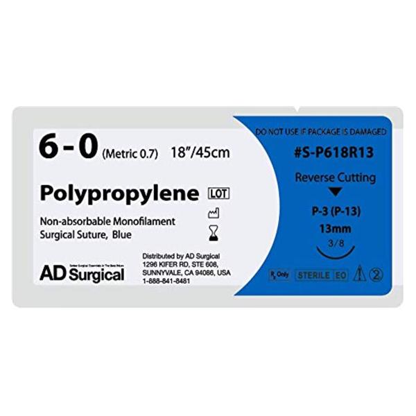 AD Surgical Suture 6-0 Polypropylene P-3 Unify Prolene Blue 18" Monofilament 12/Bx - S-P618R13