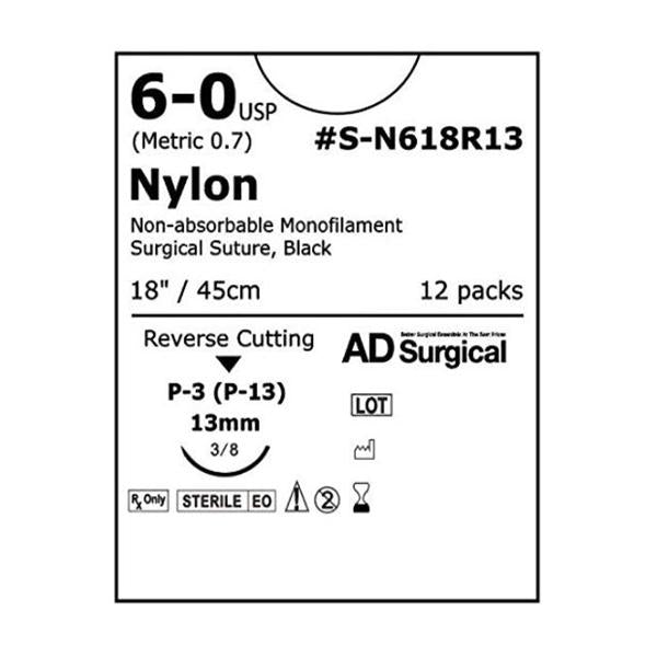 AD Surgical Suture 6-0 Nylon P-13 Unify Black 18" Monofilament 12/Bx - S-N618R13