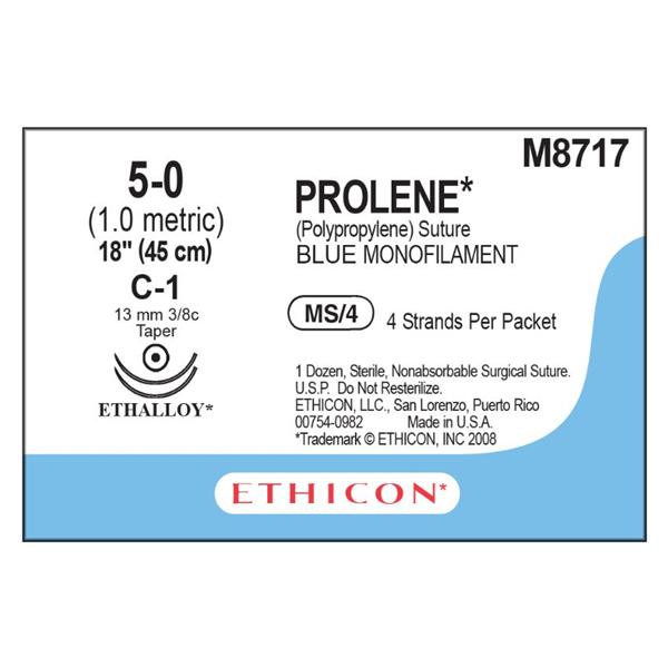 Ethicon Inc,a J & J Company Suture 5-0 Polypropylene C-1 Prolene Blue 18" Monofilament 12/Bx - M8717