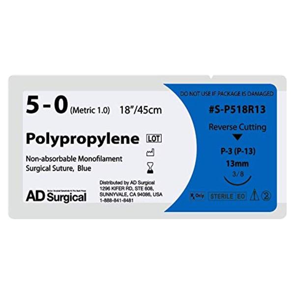 AD Surgical Suture 5-0 Polypropylene P-3 Unify Blue 18" Monofilament 12/Bx - S-P518R13