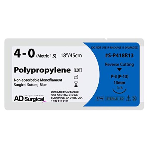 AD Surgical Suture 4-0 Polypropylene P-3 Unify Blue 18" Monofilament 12/Bx - S-P418R13