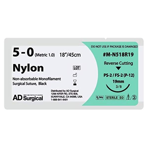 AD Surgical Suture 5-0 Nylon Fs-2 Unify Black 18" Monofilament 12/Bx - M-N518R19
