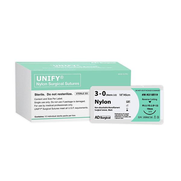 AD Surgical Suture 3-0 Nylon Fs-2 Unify Black 18" Monofilament 12/Bx - M-N318R19
