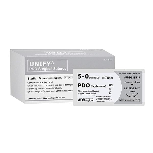 AD Surgical Suture 5-0 Polydioxanone Fs-2 Unify Violet 18" Monofilament 12/Bx - M-D518R19