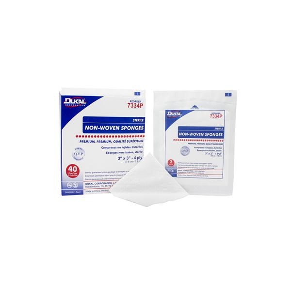 Dukal Corporation Sponge Non-Woven Premium Rayon/Polyester Blend 3X3" 4 Ply Sterile Lf 80/Box, 30 Bx/Ca - 7334P