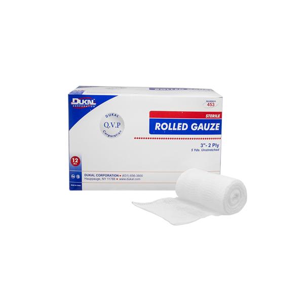 Dukal Corporation Bandage 3"X5Yd Gauze Cotton Roll White Lf Sterile 12/Pk, 8 Pk/Ca - 453