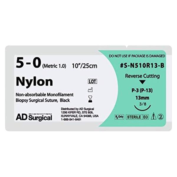 AD Surgical Suture 5-0 Nylon P-3 Unify Black 10" Monofilament 12/Bx - S-N510R13-B