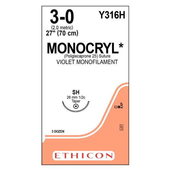 Ethicon Inc,a J & J Company Suture 3-0 Poliglecaprone 25 Sh Monocryl Violet 27" Monofilament 36/Bx - E-Y316H