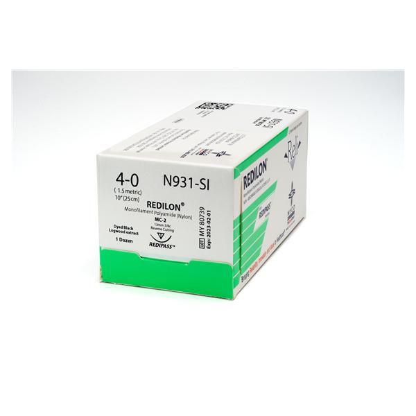 Myco Medical Supplies Suture 4-0 Nylon Mc-2 Reli Redilon Black 10" Monofilament 12/Bx - N931-SI