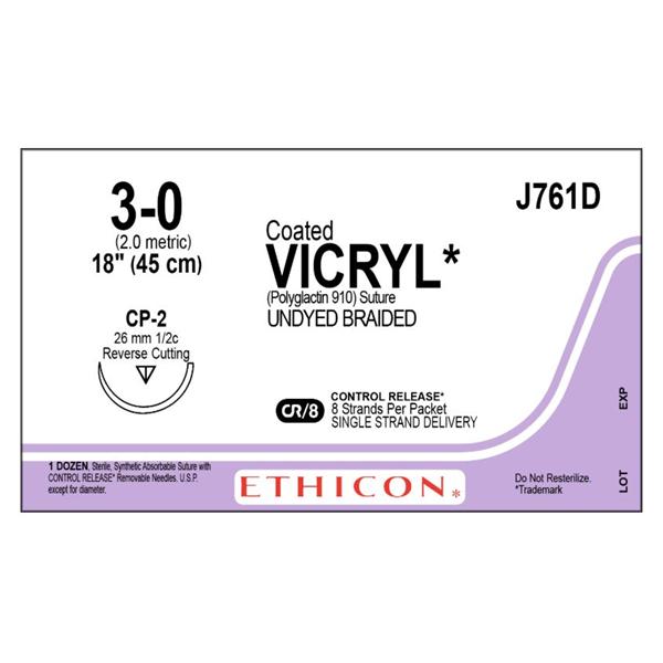 Ethicon Inc,a J & J Company Suture 3-0 Polyglactin 910 Cp-2 Coated Vicryl Undyed 18" Braid 12/Bx - J761D