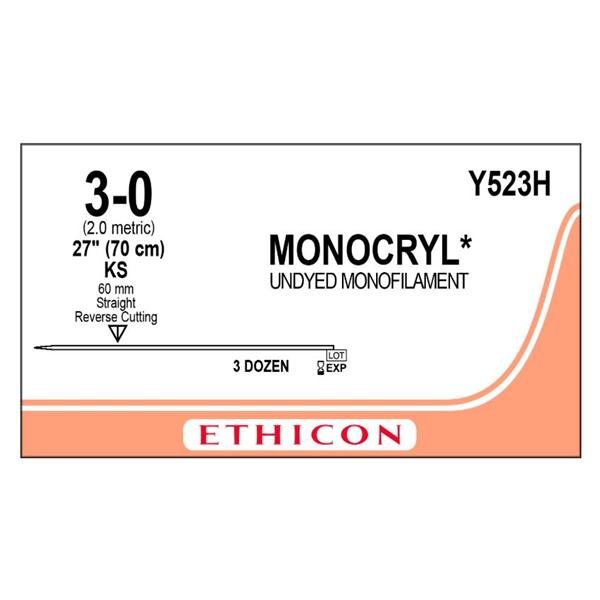 Ethicon Inc,a J & J Company Suture 3-0 Poliglecaprone 25 Ks Monocryl Undyed 27" Monofilament 36/Bx - Y523H