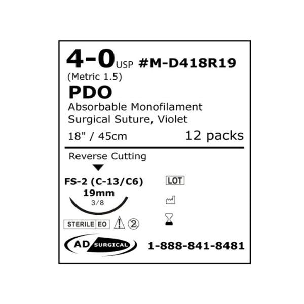 AD Surgical Suture 4-0 Polydioxanone Fs-2 Unify Violet 18" Monofilament 12/Bx - M-D418R19