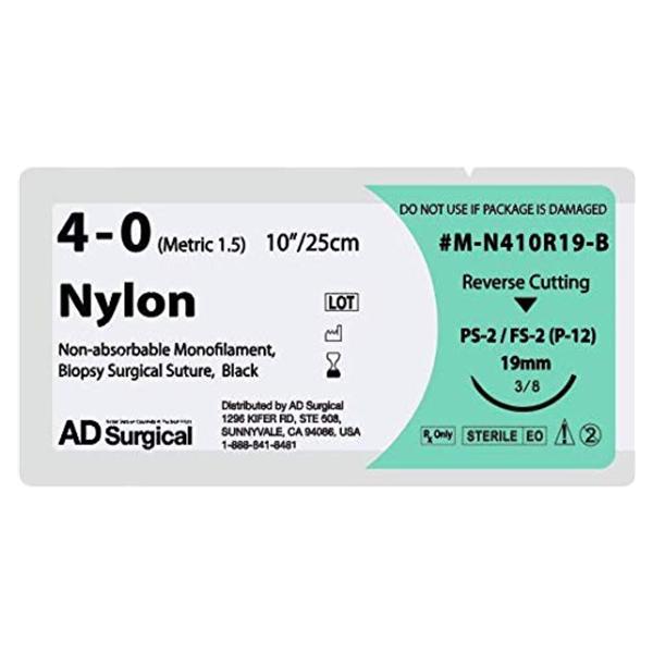 AD Surgical Suture 4-0 Nylon Fs-2 Unify Black 10" Monofilament 12/Bx - M-N410R19-B