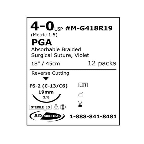 AD Surgical Suture 4-0 Polyglycolic Acid Fs-2 Unify Violet 18" Braid 12/Bx - M-G418R19