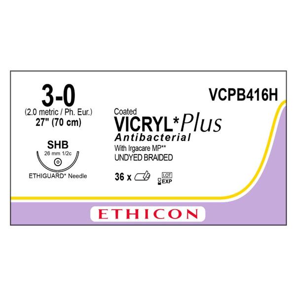 Ethicon Inc,a J & J Company Suture 3-0 Tcs/Pg910 Shb Coated Vicryl Plus Undyed 27" Braid 36/Bx - VCPB416H
