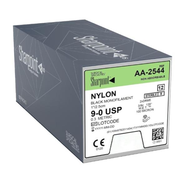 Look/Div Surgical Specialties Suture 9-0 Nylon Sharpoint Plus Black 1" Monofilament 12/Bx - AA-2544
