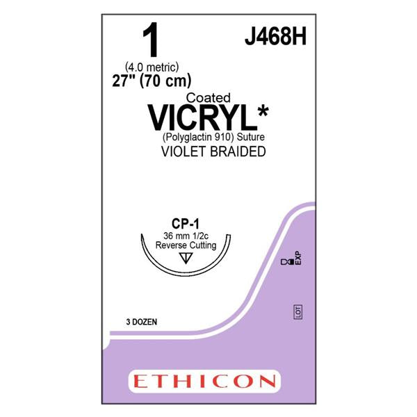 Ethicon Inc,a J & J Company Suture 1 Polyglactin 910 Cp-1 Coated Vicryl Violet 27" Braid 36/Bx - J468H