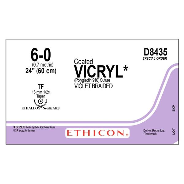 Ethicon Inc,a J & J Company Suture 6-0 Polyglactin 910 Tf Coated Vicryl Violet 24" Braid 12/Bx - D8435