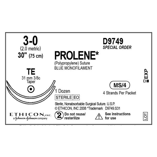 Ethicon Inc,a J & J Company Suture 3-0 Polypropylene Te/Te Prolene Blue 30" Double Arm Monofilament 12/Ca - D9749