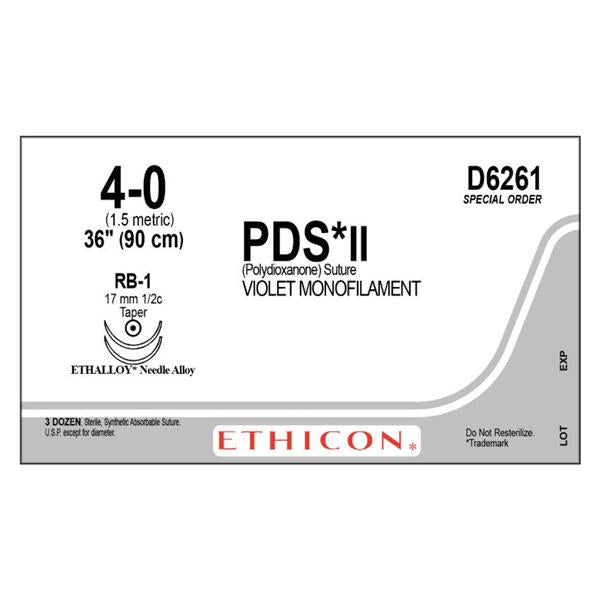 Ethicon Inc,a J & J Company Suture 4-0 Pdo Rb-1/Rb-1 Pds Ii Violet 1X36" Double Arm Monofilament 36/Bx - D6261