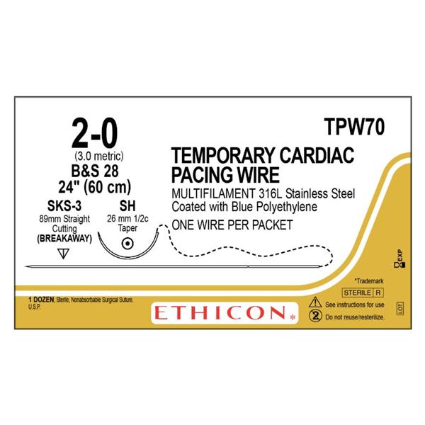 Ethicon Inc,a J & J Company Wire 2-0 Ss Sh/Sks-3 Temporary Pacing Wire Dark Blue 1X24" 2Arm Mltflmnt 12/Bx - TPW70