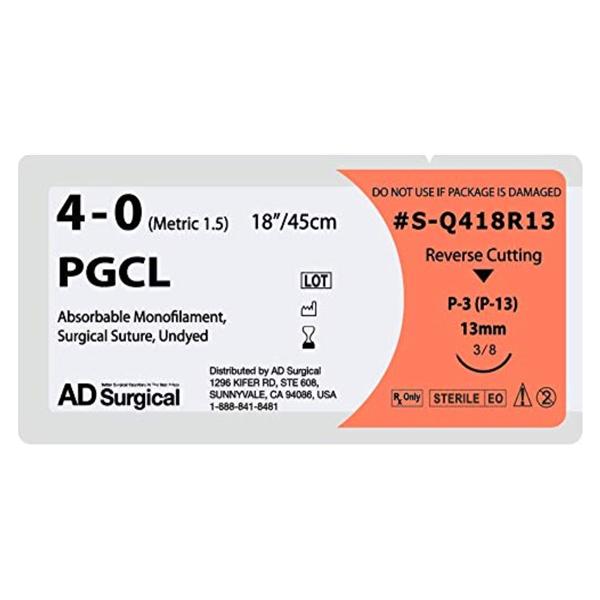 AD Surgical Suture 4-0 Poliglecaprone 25 P-3 Monocryl Undyed 18" Monofilament 12/Bx - SQ418R13