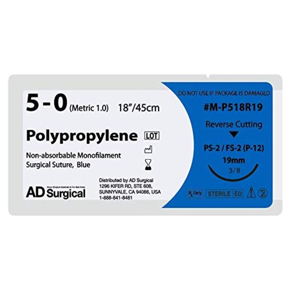 AD Surgical Suture 5-0 Polypropylene Blue 18" Monofilament 12/Bx - M-P518R19