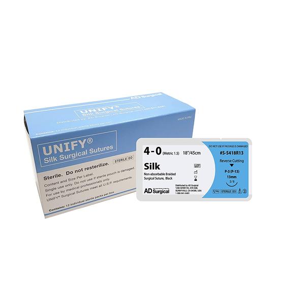 AD Surgical Suture 4-0 Silk P-3 Unify Black 18" 12/Bx - S-S418R13