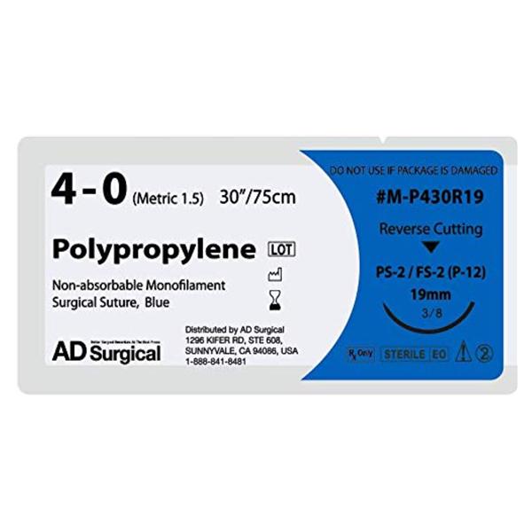 AD Surgical Suture 4-0 Polypropylene Blue 30" Monofilament 12/Bx - M-P430R19
