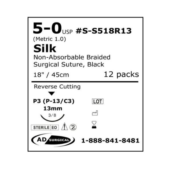 AD Surgical Suture 5-0 Silk P-3 Unify Black 18" 12/Bx - S-S518R13