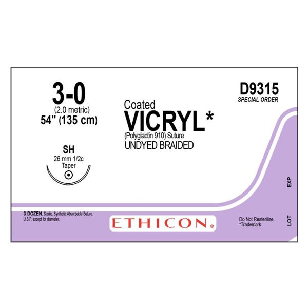 Ethicon Inc,a J & J Company Suture 3-0 Polyglactin 910 Sh Coated Vicryl Undyed 54" Braid 36/Bx - D9315