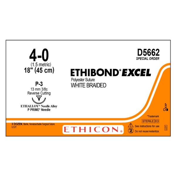 Ethicon Inc,a J & J Company Suture 4-0 Coated Polyester P-3 Ethibond Excel White 18" Braid 36/Bx - D5662